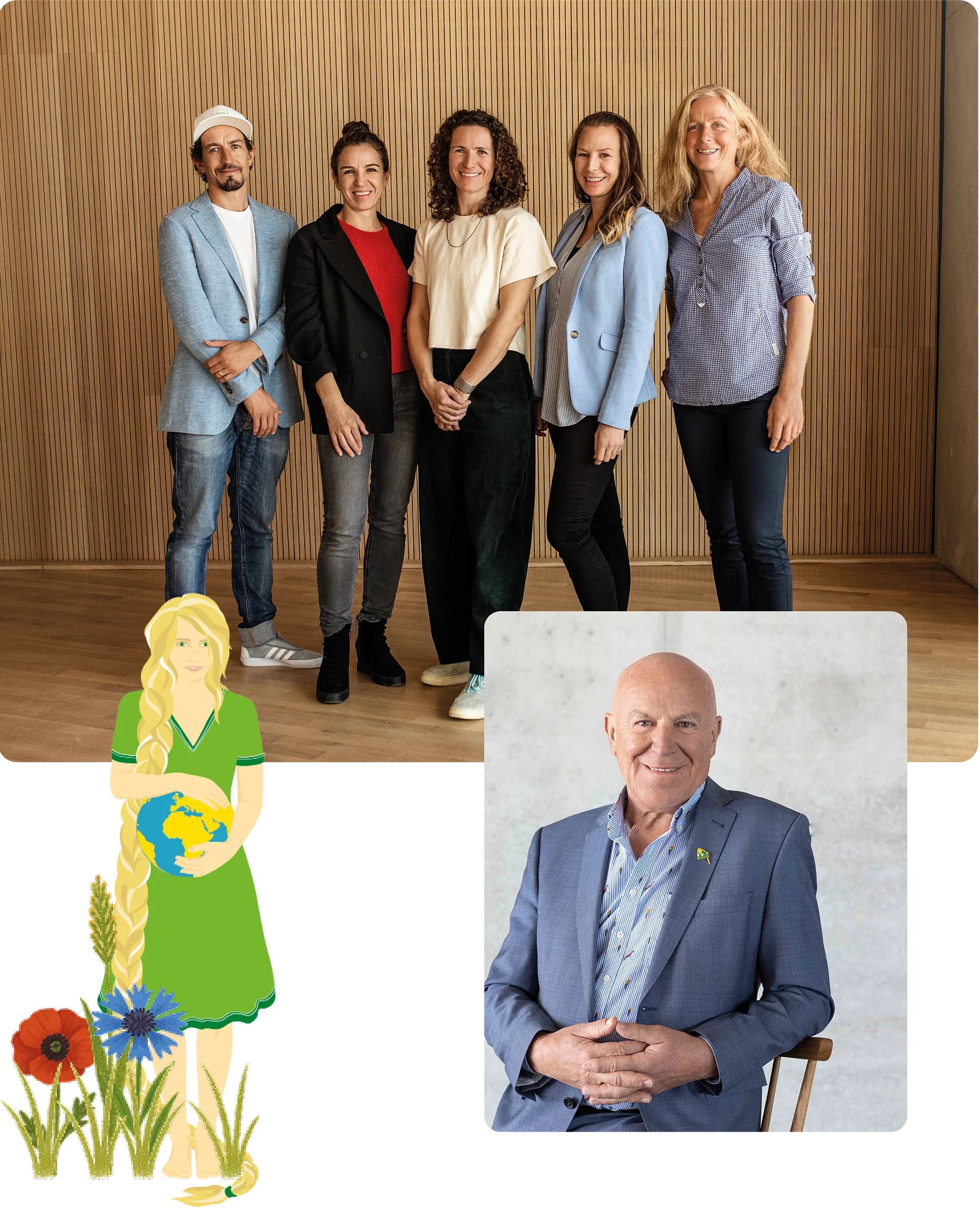 Collage des Familienunternehmens Rapunzel Naturkost mit Illustration. Bildcollage mit Geschäftsführung, Gesellschafterinnen und Gründer von Rapunzel Naturkost sowie einer Illustration mit Weltkugel.