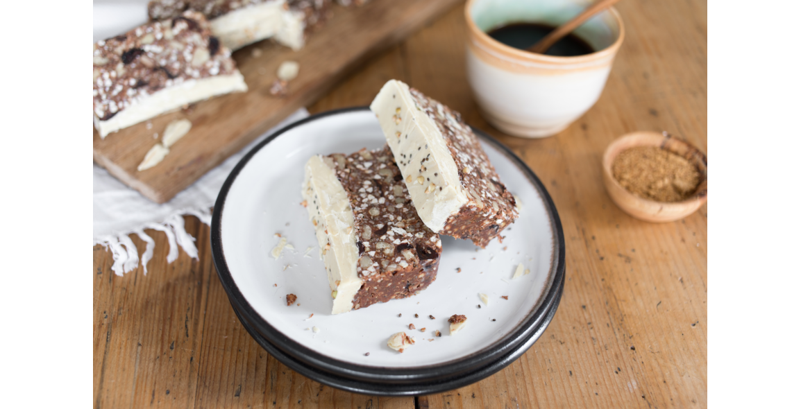 Bars of buckwheat with white chocolate, walnuts, coconut and chia seeds