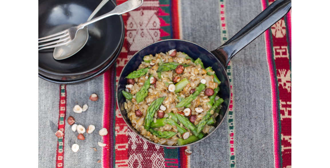 Lensotto with asparagus and hazelnuts