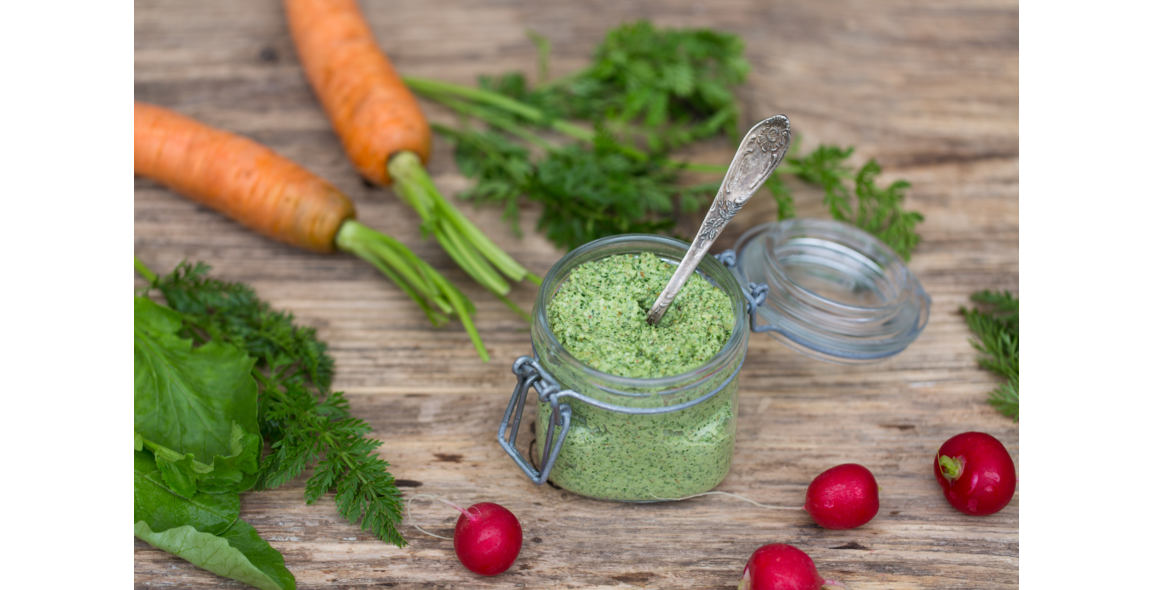 Pesto made of radish and carrot greens