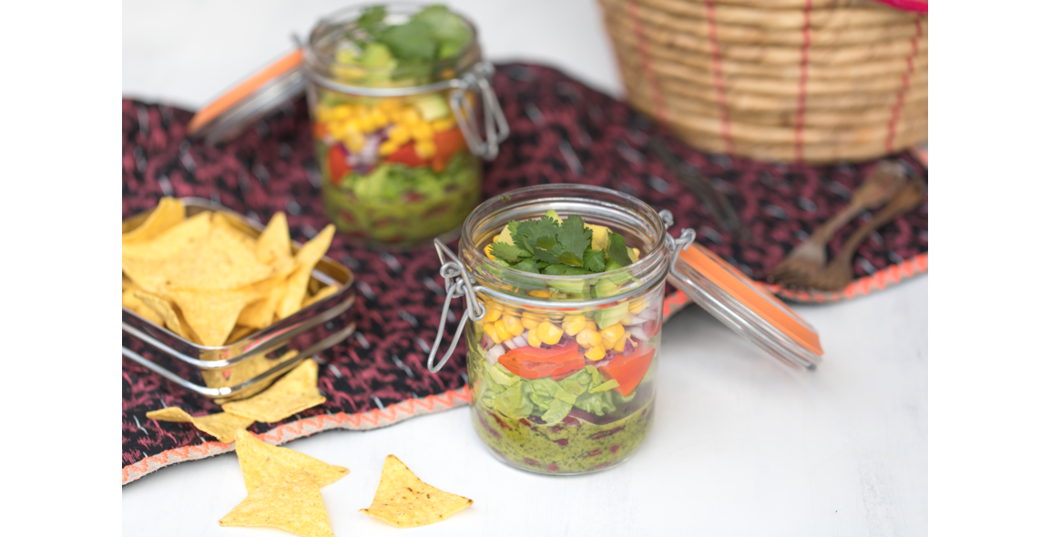 Mexican layer salad with coriander-lime dressing