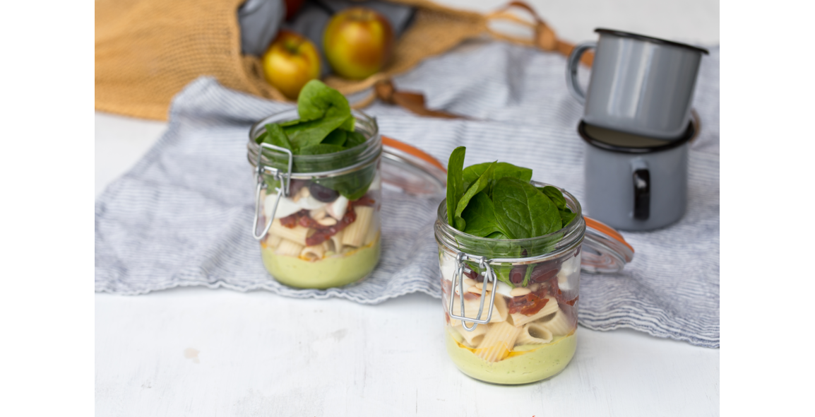 Pasta salad with avocado pesto dressing