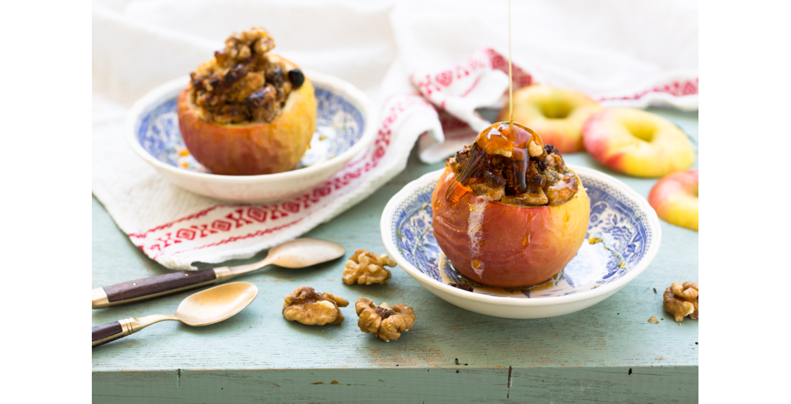 Baked apple with dried fruit, nuts and marzipan
