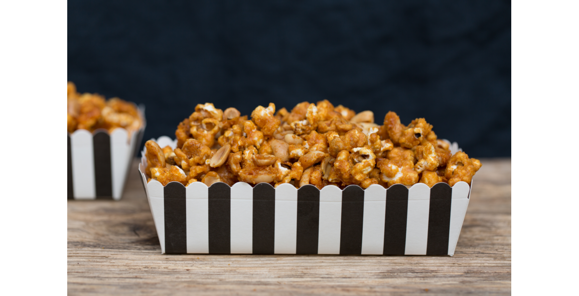 Toffee flavor popcorn with peanuts, vegan