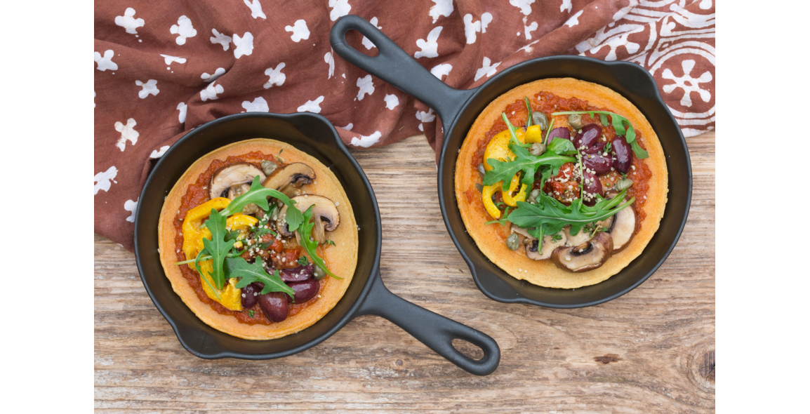 Socca Pizza (chickpeas patties) with Pesto, Olives and arugula