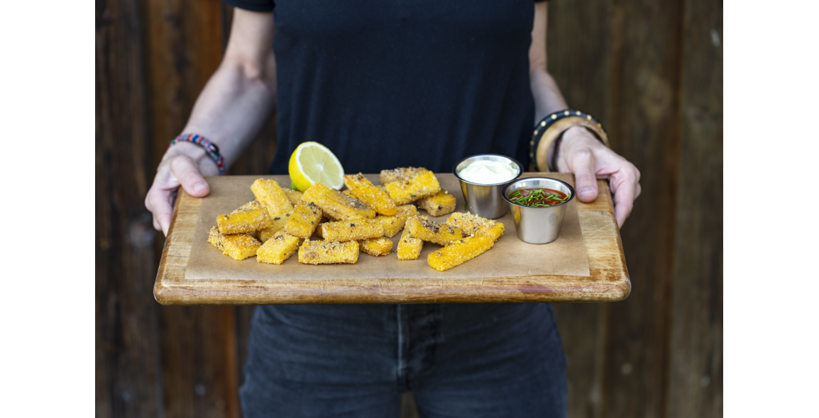 Polenta sticks with a tahini aioli and tomato dip
