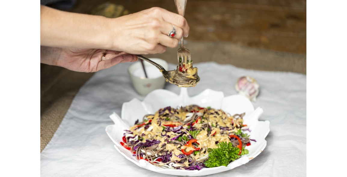 Asian Buckwheat Spaghetti Salad with Peanut Butter Dressing