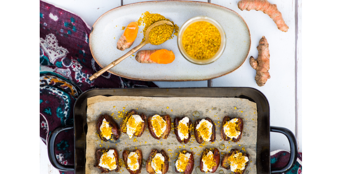 Stuffed dates with orange cream cheese, gomasio and turmeric
