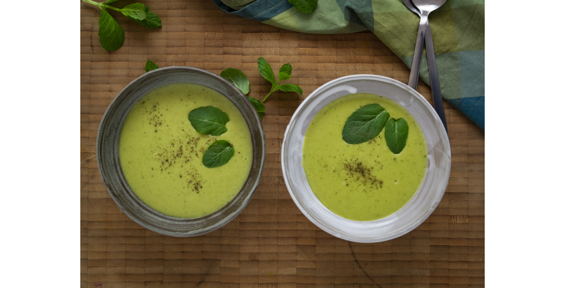Pea and peppermint soup with white almond butter