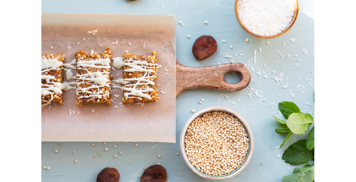 Apricot coconut bars with quinoa and white chocolate
