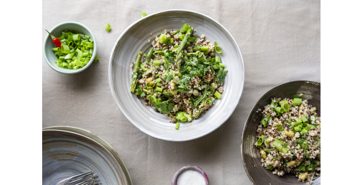 Asparagus salad with quinoa mix and soy beans Edamame