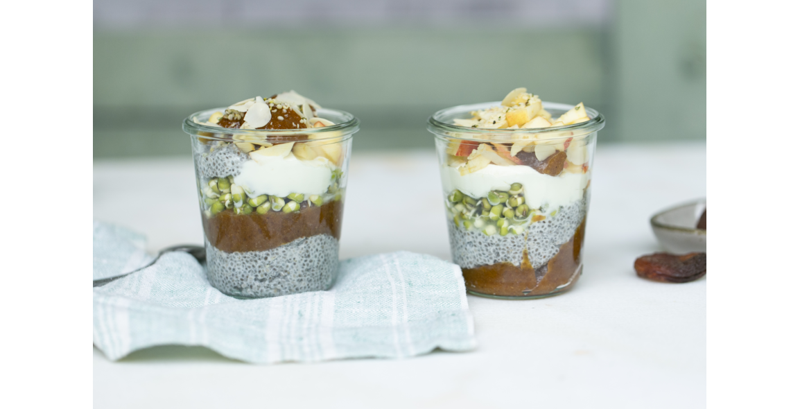 Chia apricot breakfast with fresh sprouts