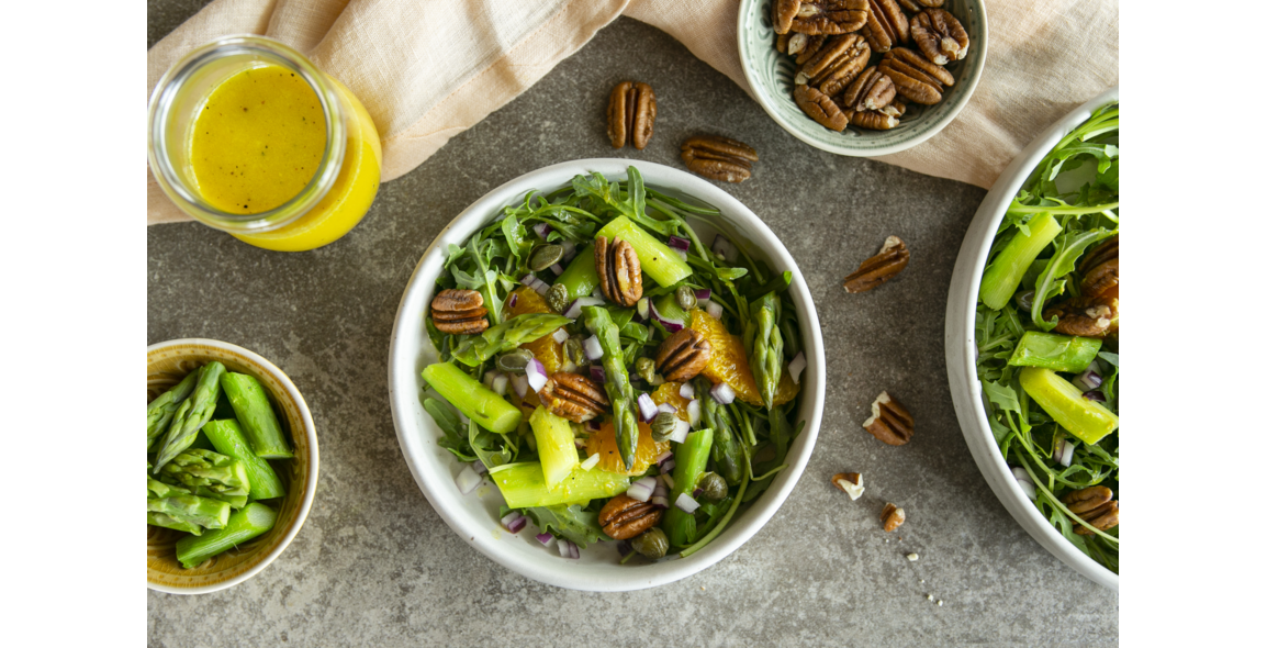 Asparagus rocket salad with maple syrup mustard dressing