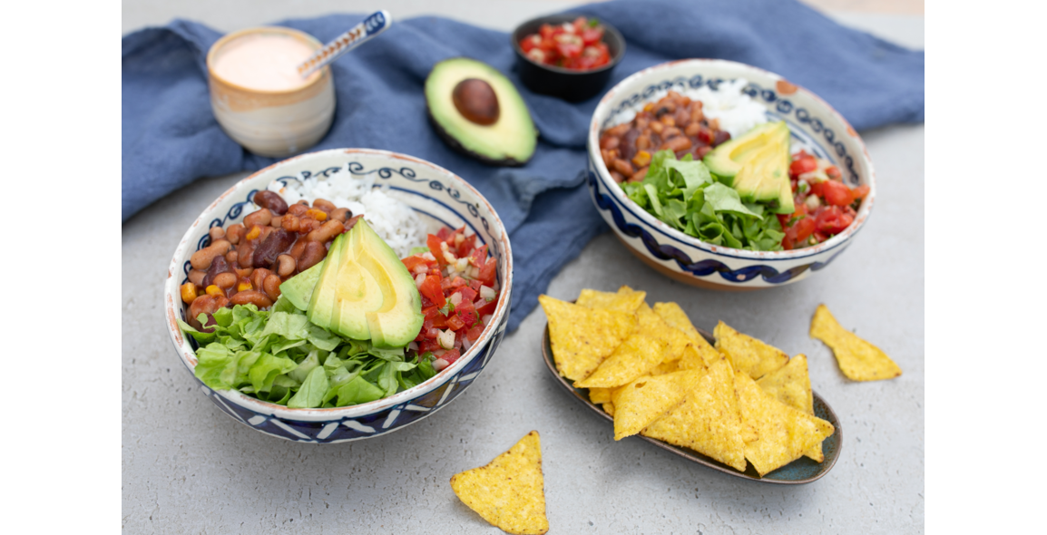 Taco Bowl with beans and avocado