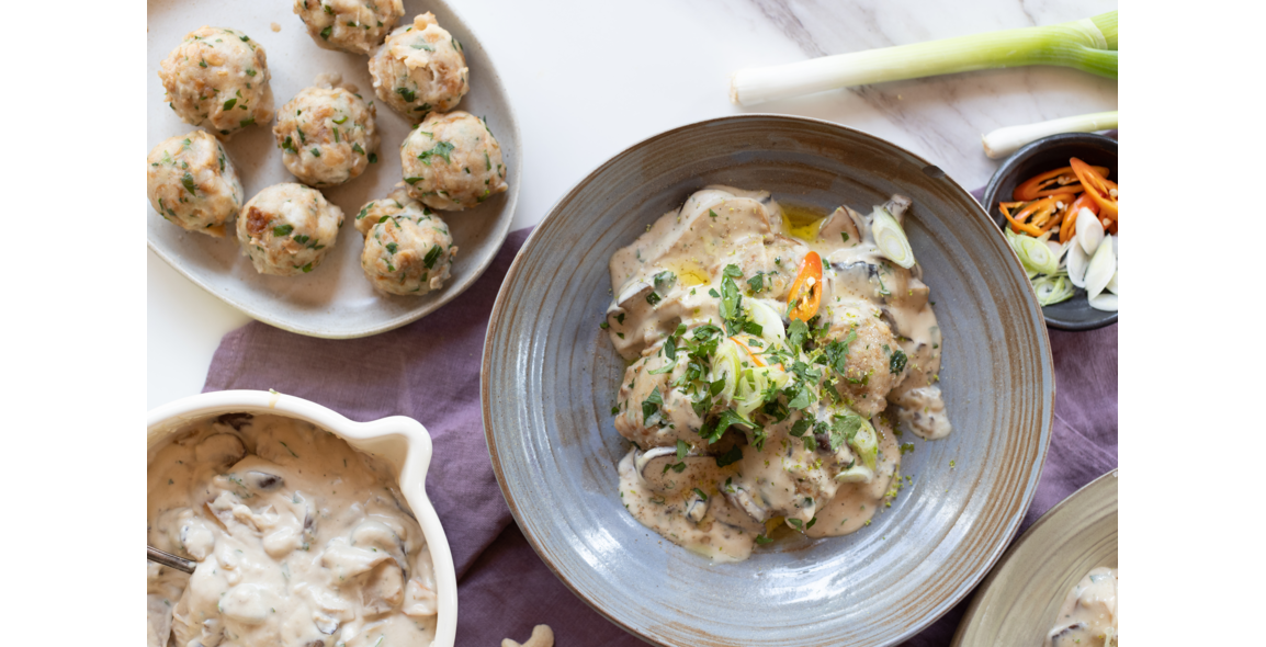 Bread dumplings in cashew mushroom cream sauce, vegan