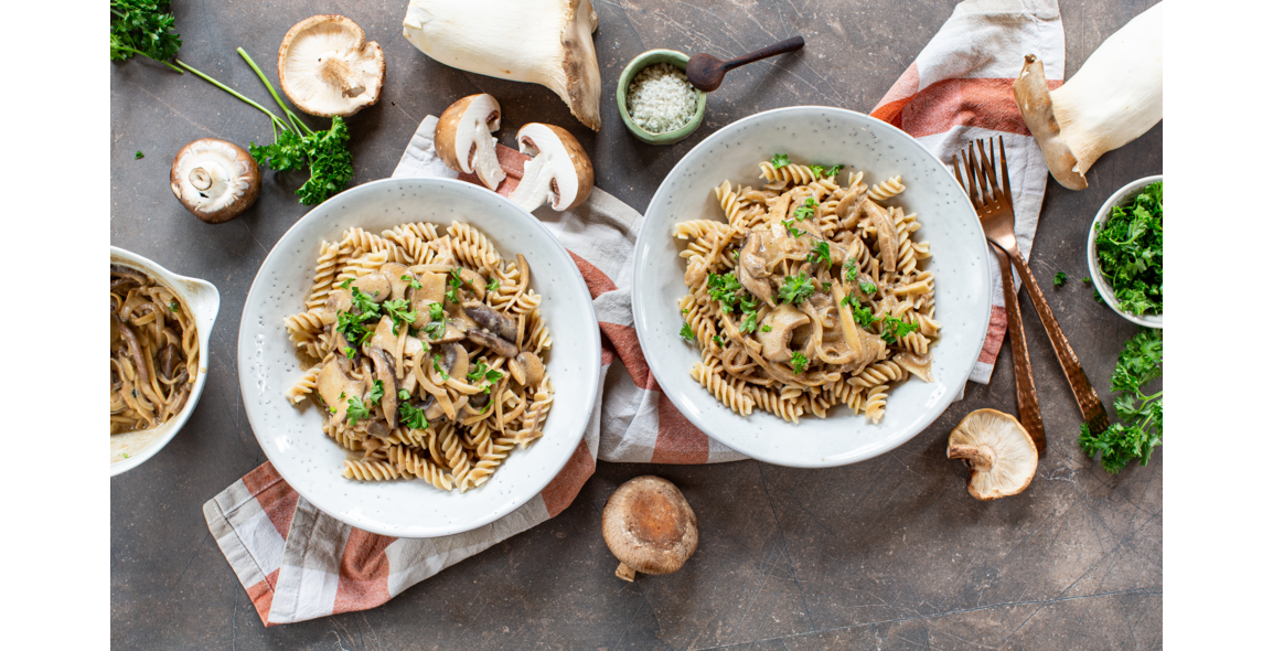 Rice spirelli with almond mushroom cream sauce