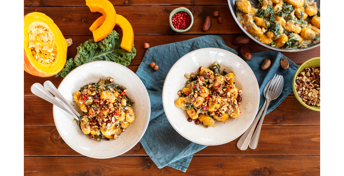 Pumpkin Gnocchi with kale, hazelnuts, and pink peppercorns