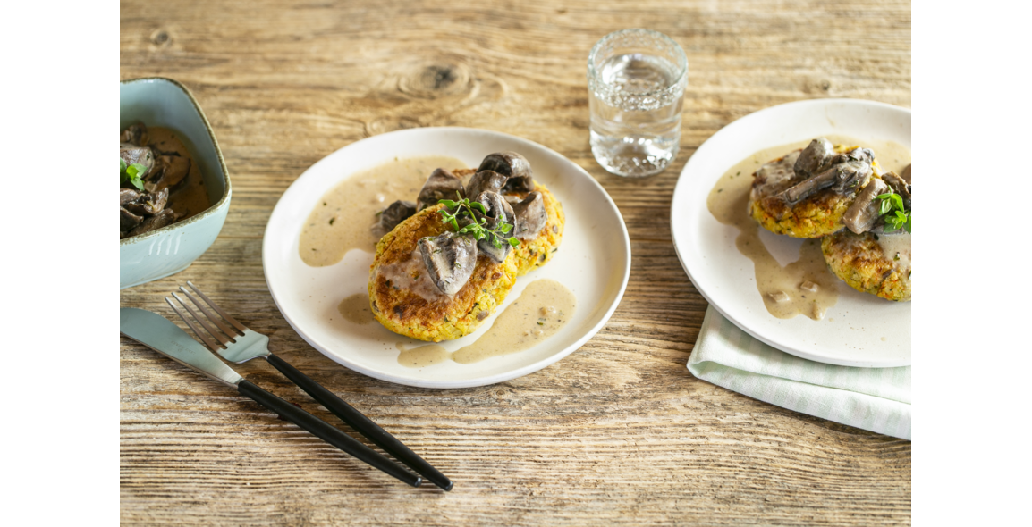 Millet carrot patties with creamy mushroom sauce
