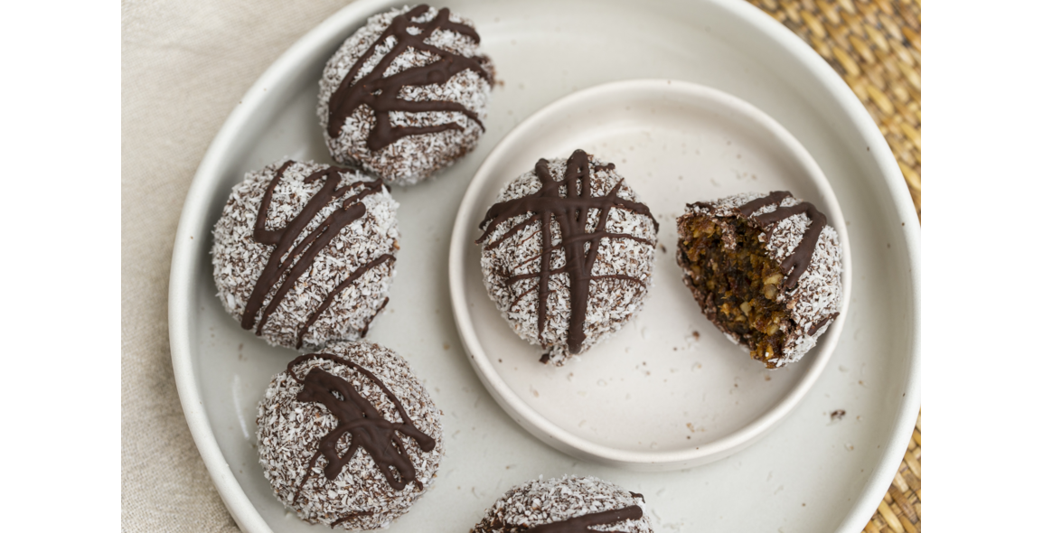 Apricot hazelnut balls with coconut and dark chocolate