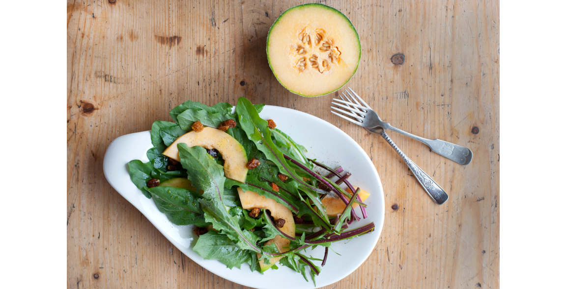 Red Dandelion Salad with Melon and Walnuts