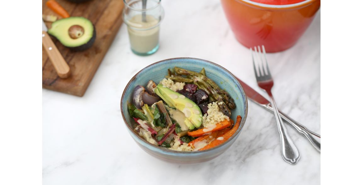 Lunch Bowl with roasted Vegetables, sautéed Chard, Quinoa & Avocado