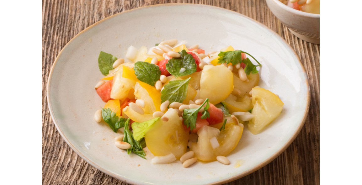 Yellow Tomato Salad with Melon and fresh Mint