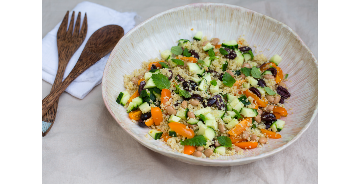 Quinoa Salad with Borlotti Beans, Olives and Mint Leaves