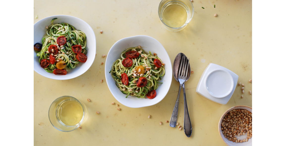 Zucchini noodles with pesto verde, roasted tomatoes and cedar nuts