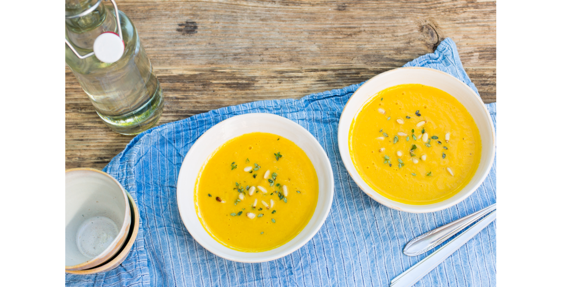 Roasted Carrot Soup with Pine Nuts and Walnut Oil