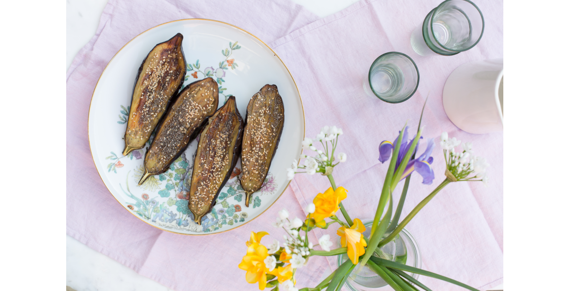 Baked eggplant with tahini cream and chia and sesame seeds